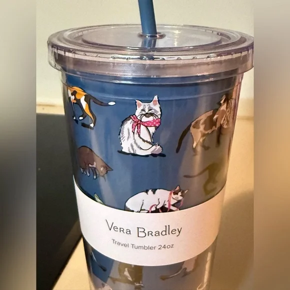 Vera Bradley Blue Cat Print Travel Tumbler with Straw - Picture 2 of 5